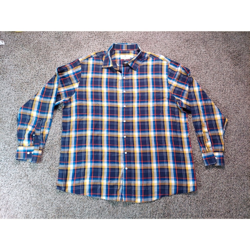 Oak Hill Plaid Button Down Shirt 1XLT Blue Yellow Mens Casual Cotton Long Sleeve